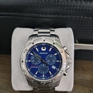 Movado Silver and Blue Chronograph Watch